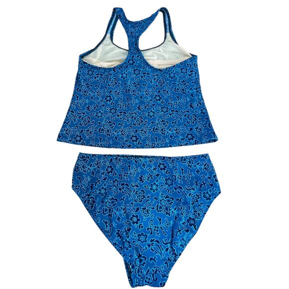 Land's End Racerback Tankini Bikini Blue Floral Swimsuit Bathing Suit Sz 12 - Picture 2 of 4